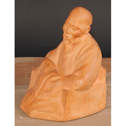 569 - Gaston Hauchecorne (1880 - 1945), a terracotta maquette, Portrait of a Chinese Man, signed, 18cm hig... 