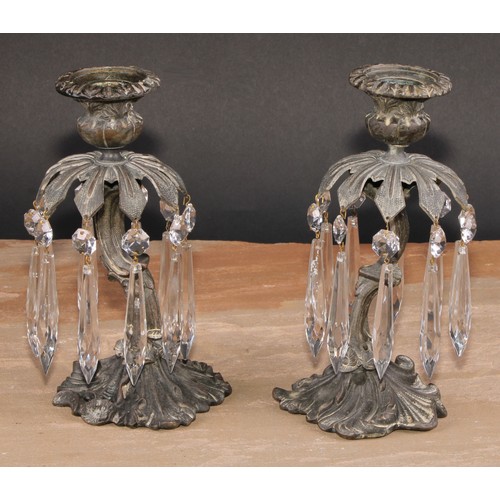 346 - A pair of post-Regency dark patinated bronze candle lustres, campana sconces with detachable nozzles... 