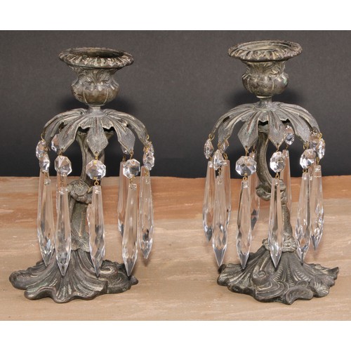 346 - A pair of post-Regency dark patinated bronze candle lustres, campana sconces with detachable nozzles... 