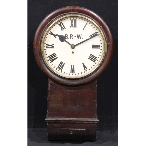 872 - Railwayana - a G.W.R. mahogany drop dial fusee wall clock, Roman numerals on white dial, later inscr... 