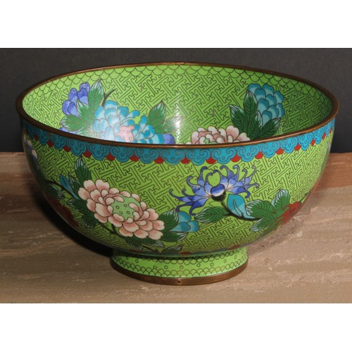 701 - A Japanese cloisonne enamel circular pedestal bowl, decorated in polychrome with flowering stems on ... 