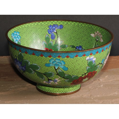 701 - A Japanese cloisonne enamel circular pedestal bowl, decorated in polychrome with flowering stems on ... 