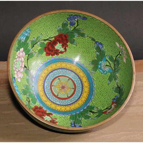 701 - A Japanese cloisonne enamel circular pedestal bowl, decorated in polychrome with flowering stems on ... 