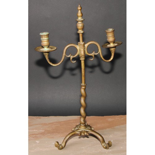 307 - A pair of 19th century brass adjustable tripod two-light candelabra, spiral pillars, scroll feet, 45... 