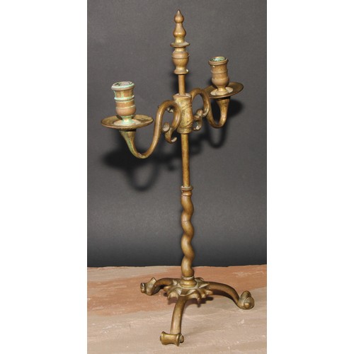 307 - A pair of 19th century brass adjustable tripod two-light candelabra, spiral pillars, scroll feet, 45... 