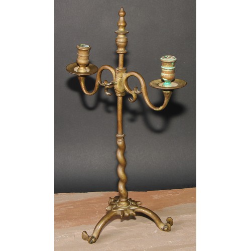 307 - A pair of 19th century brass adjustable tripod two-light candelabra, spiral pillars, scroll feet, 45... 