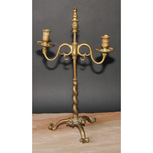 307 - A pair of 19th century brass adjustable tripod two-light candelabra, spiral pillars, scroll feet, 45... 