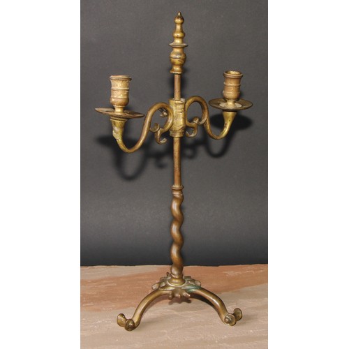 307 - A pair of 19th century brass adjustable tripod two-light candelabra, spiral pillars, scroll feet, 45... 