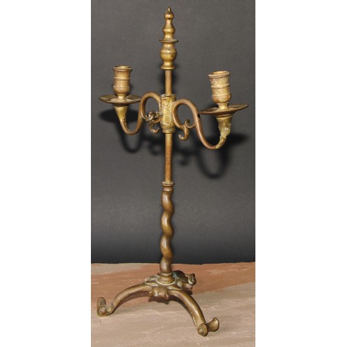 307 - A pair of 19th century brass adjustable tripod two-light candelabra, spiral pillars, scroll feet, 45... 