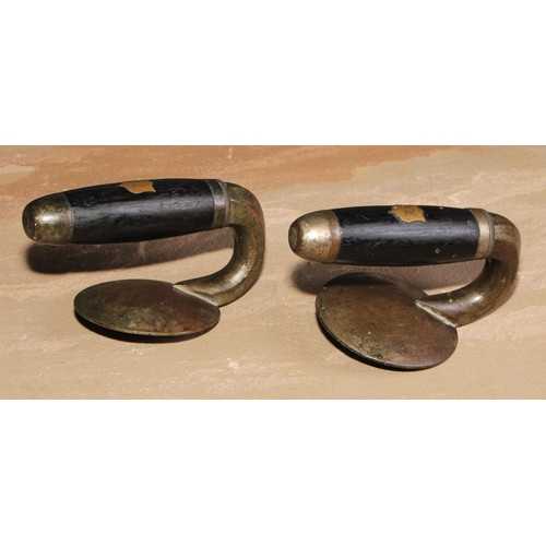 339 - A pair of late 19th/early 20th century Scottish curling stone handles, the hardwood grips inlaid wit... 