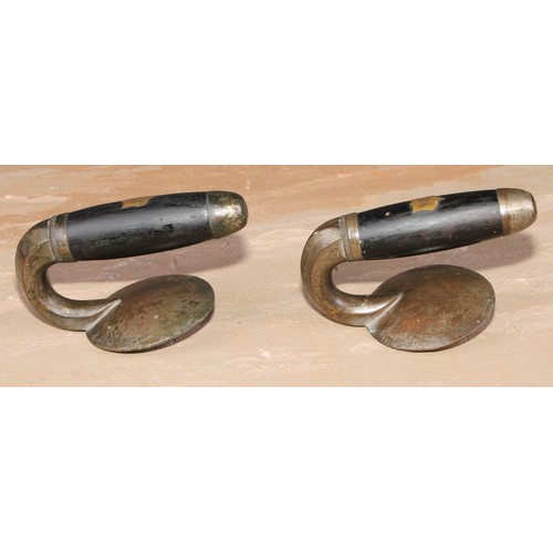 339 - A pair of late 19th/early 20th century Scottish curling stone handles, the hardwood grips inlaid wit... 