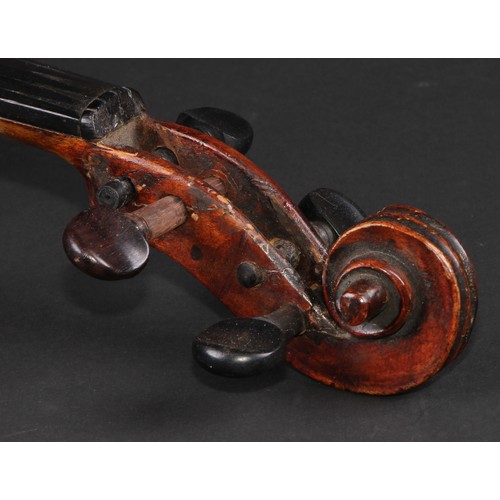 762 - A violin, the two-piece back 36cm long excluding button, stamped Hopf, outlined throughout with purf... 