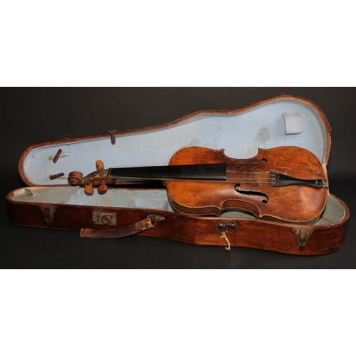 759 - A violin, the one-piece back 35.25cm long excluding button, boxwood tuning pegs, outlined with purfl... 