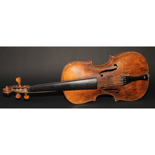 759 - A violin, the one-piece back 35.25cm long excluding button, boxwood tuning pegs, outlined with purfl... 