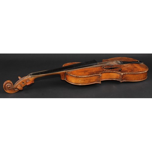 759 - A violin, the one-piece back 35.25cm long excluding button, boxwood tuning pegs, outlined with purfl... 