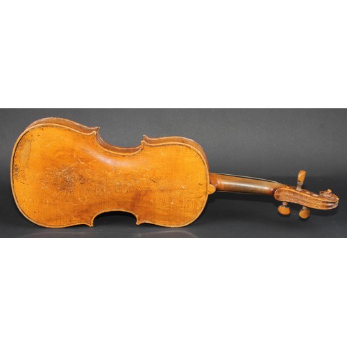 759 - A violin, the one-piece back 35.25cm long excluding button, boxwood tuning pegs, outlined with purfl... 