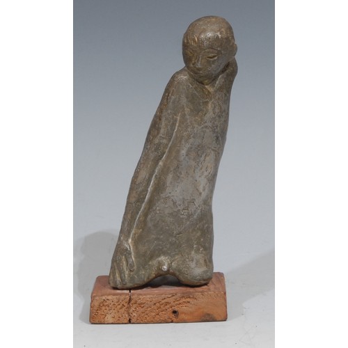 623 - Modern School, cast metal, stylised male nude torso, wooden base, 13cm overall