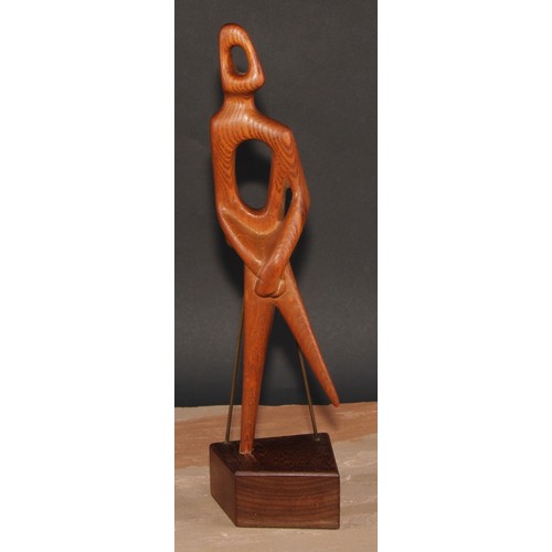 734 - In the manner of Derrick Kitchen (mid-20th century), a wooden sculpture, Abstract Human Form, plinth... 