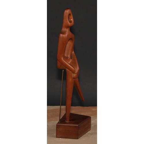 734 - In the manner of Derrick Kitchen (mid-20th century), a wooden sculpture, Abstract Human Form, plinth... 