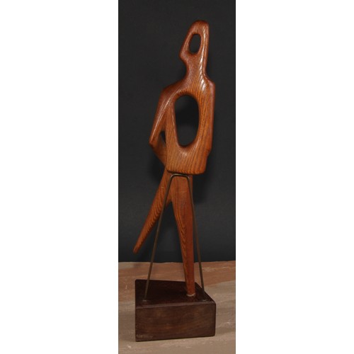 734 - In the manner of Derrick Kitchen (mid-20th century), a wooden sculpture, Abstract Human Form, plinth... 