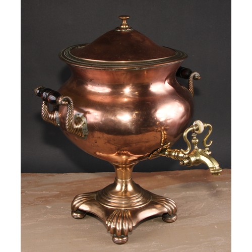 358 - A post-Regency copper and brass pedestal samovar, turned fruitwood handles, square base with flut44c... 