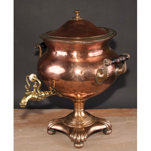 358 - A post-Regency copper and brass pedestal samovar, turned fruitwood handles, square base with flut44c... 