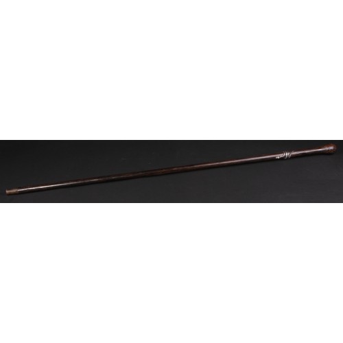 461 - An early 20th century silver coloured metal mounted palmwood walking stick, the cane entwined by a c... 