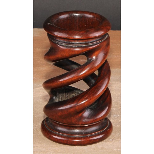 670 - Treen - a 19th century turned mahogany open twist vase, 11cm high