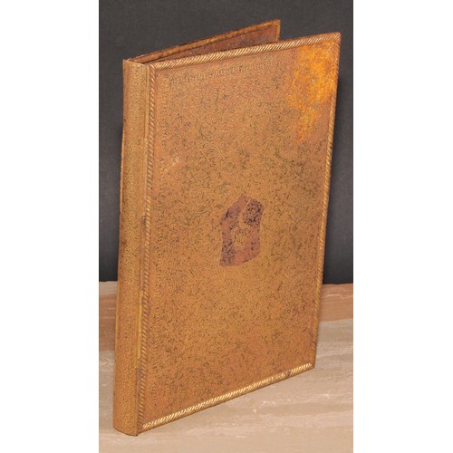 50 - A 19th century gilt damascened steel armorial book cover, centred by a heraldic crest, on a ground o... 