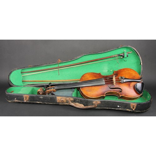 760 - A violin, the one-piece back 36.5cm long excluding button, outlined throughout with purfling, 59.5cm... 