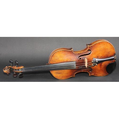 760 - A violin, the one-piece back 36.5cm long excluding button, outlined throughout with purfling, 59.5cm... 