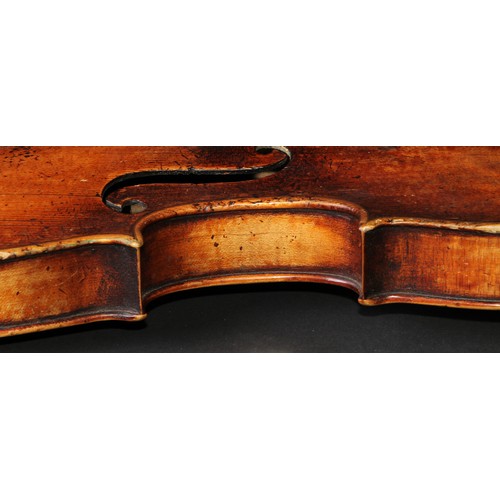 760 - A violin, the one-piece back 36.5cm long excluding button, outlined throughout with purfling, 59.5cm... 