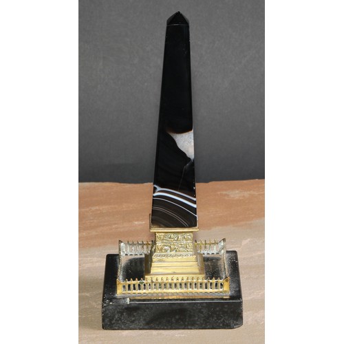 13 - A 19th century agate and gilt bronze Grand Tour library obelisk, square black marble base, 21cm high... 