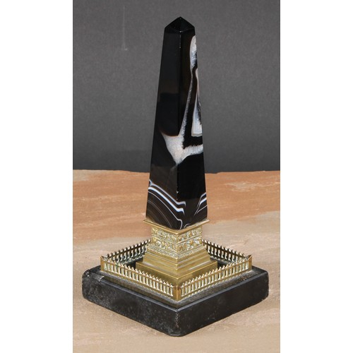 13 - A 19th century agate and gilt bronze Grand Tour library obelisk, square black marble base, 21cm high... 
