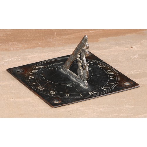 130 - A bronze sundial, inscribed John Marshsll 1656, Roman numerals, shaped gnomon, 14.5cm wide