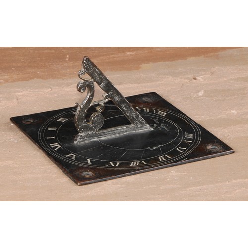 130 - A bronze sundial, inscribed John Marshsll 1656, Roman numerals, shaped gnomon, 14.5cm wide