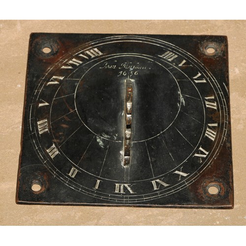 130 - A bronze sundial, inscribed John Marshsll 1656, Roman numerals, shaped gnomon, 14.5cm wide