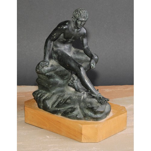 597 - Italian Grand Tour School (19th/early 20th century), a dark patinated bronze, Seated Hermes, after t... 