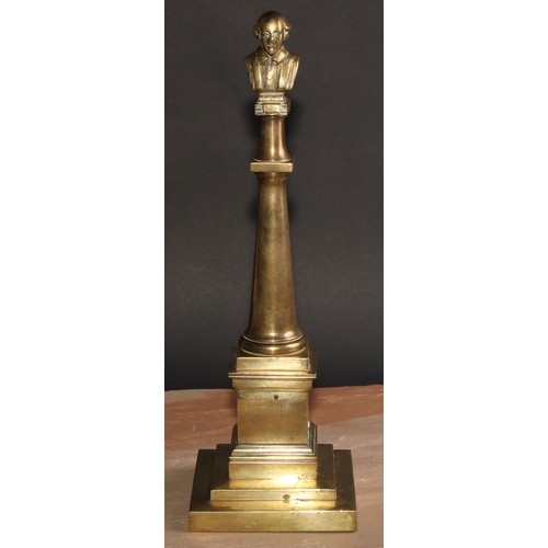 537 - English Literature - a 19th century brass library pillar, surmounted by a portrait bust of William S... 