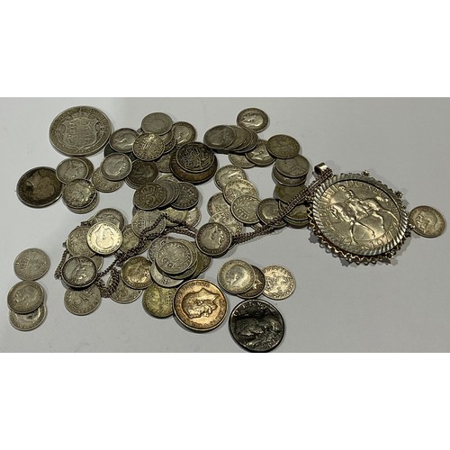 581 - Coins - a George V half crown 1914, other silver coins, pre-1920, 135g; a George II farthing 1754; a... 