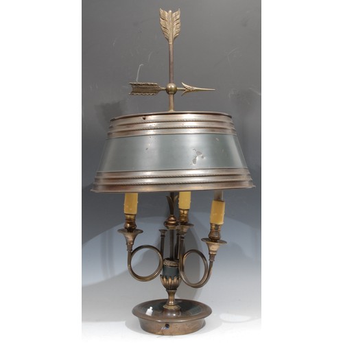 212 - A French Empire style brass and green painted bouillote lamp, arrow cresting, dished base, 78cm high... 