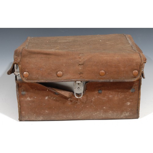 450 - An early 20th century campaign type travelling or motoring picnic hamper, The Garrison, Reg. No. 726... 