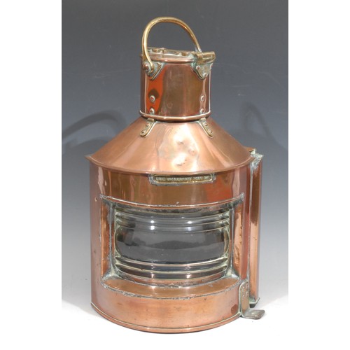 198 - A copper ship's lantern, Bow Starboard Pat.24, ribbed glazed door, brass fittings, swing handle, 45c... 