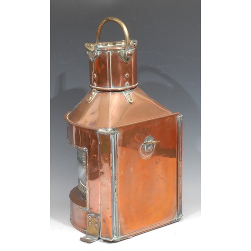 198 - A copper ship's lantern, Bow Starboard Pat.24, ribbed glazed door, brass fittings, swing handle, 45c... 