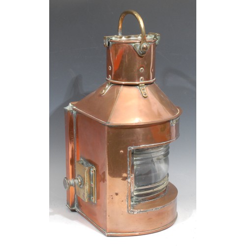 198 - A copper ship's lantern, Bow Starboard Pat.24, ribbed glazed door, brass fittings, swing handle, 45c... 