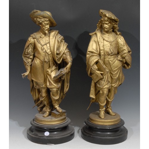 338 - A pair of late 19th century spelter library figures, Rembrandt and Rubens, ebonised bases, 54.5cm hi... 