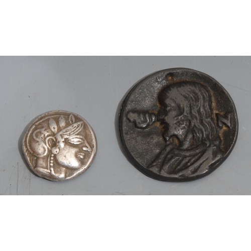 609 - A facsimile Alexander the Great silver coin; another (2)