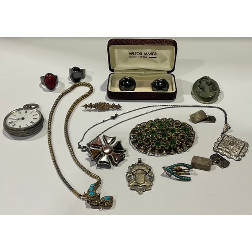 611 - A lady's silver open face pocket watch; a silver fob; a cameo lava brooch; a pair of silver cuff lin... 