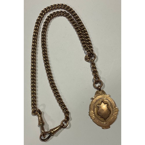 623 - A late 19th century rose gold curb link Albert chain, with T-bar and 9ct gold fob, marked 375, 25.9g