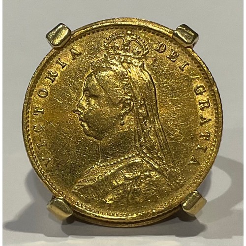 624 - A Victorian gold half sovereign, shield back 1887, mounted in 18ct gold as a signet ring, size I,